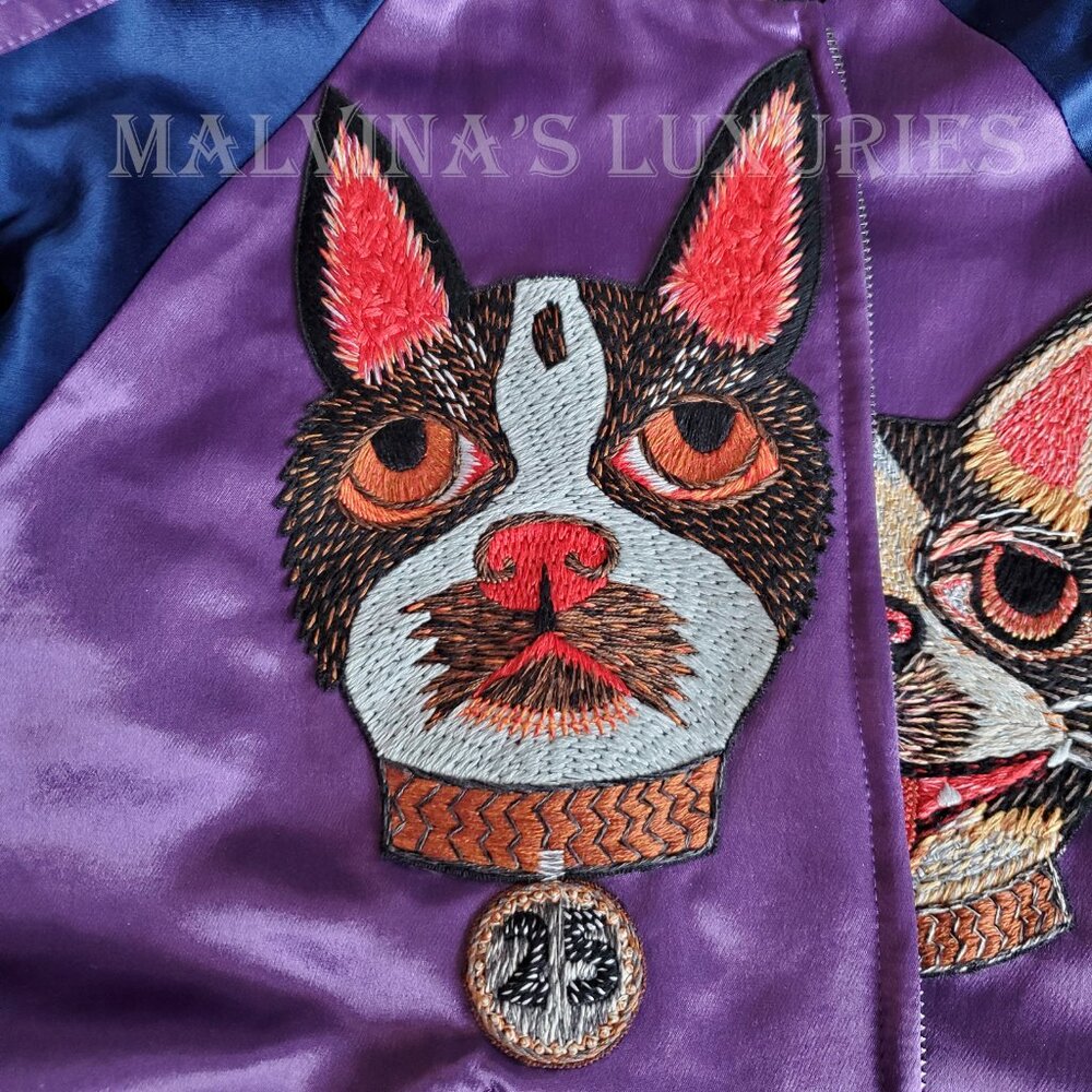 GUCCI JACKET BOMBER BOSCO ORSO PATCHES PURPLE SATIN w LOGO DETAIL - Picture 6 of 11